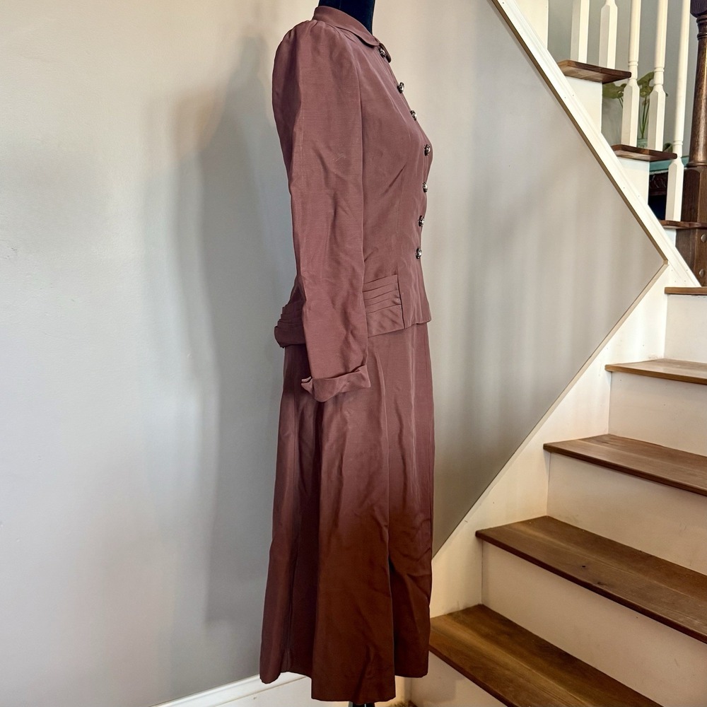 2pc VTG 40s MCM Brown Crepe Suit Rhinestone‎ Button Jacket A-Line Skirt Women S - Picture 8 of 16